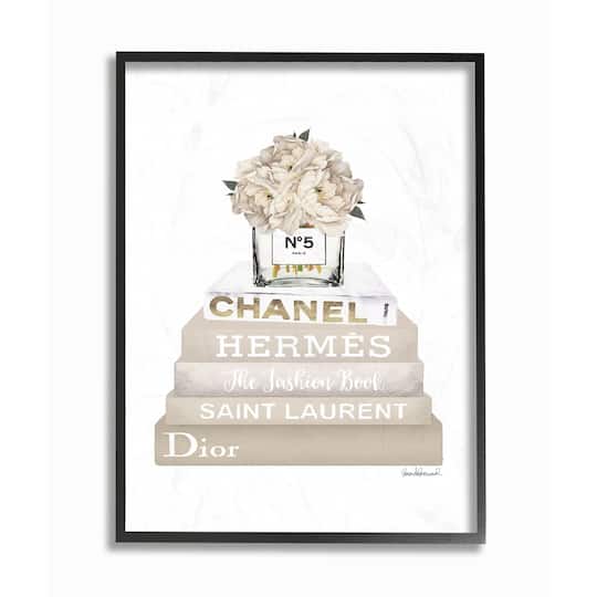 Stupell Industries High Fashion Book Stack with Tan Flowers Wall Art in Frame